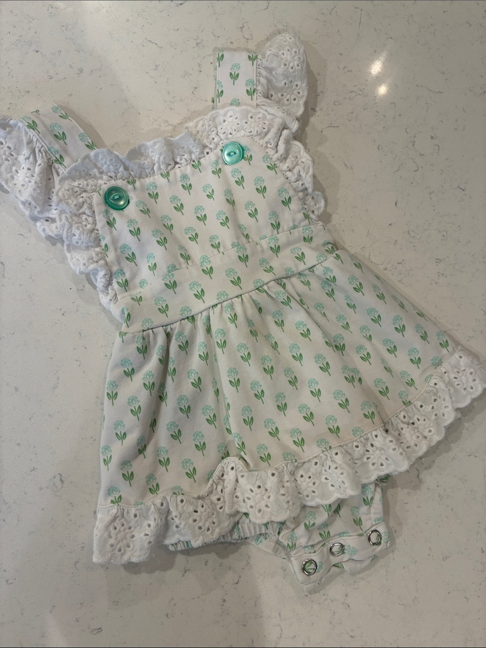 White & Green Floral Lace-Trim Skirted Romper